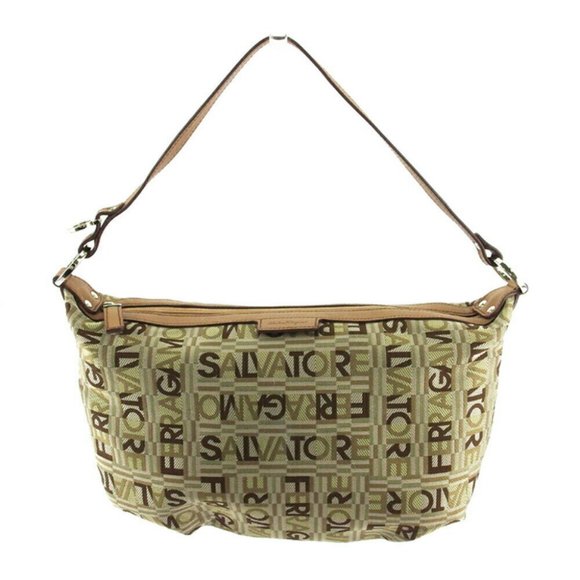 Authentic Salvatore Ferragamo handbags logo beige canvas �~ leather used